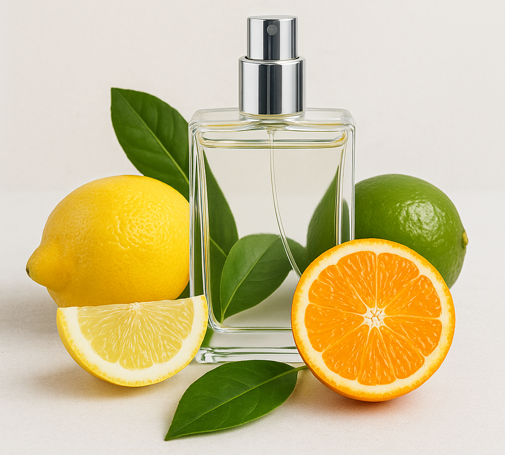 Flacon de parfum aux notes d'agrumes, présenté avec citron, orange, citron vert et feuilles vertes.