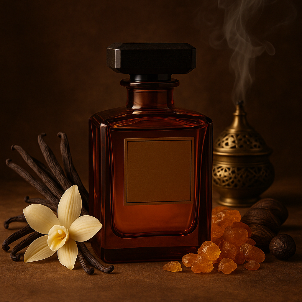 Flacon de parfum ambré avec vanille, résine, noix de muscade et encens sur fond brun.